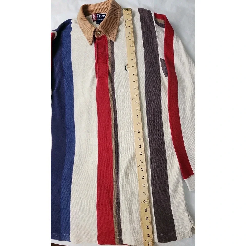 VTG 90s Chaps Ralph Lauren Med Vertical Striped Rugby Shirt Tan Corduroy Collar